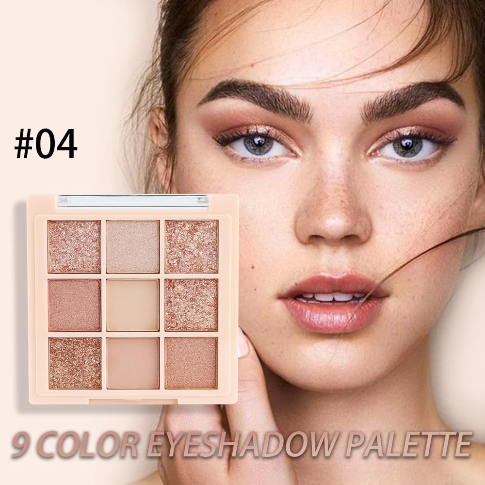 9Colors Champagne Rose Gold Eye Shadow Palette Makeup,Shimmer Pink Eyeshadow Palette Nude Glitter Sparkly Eye Shadows Long Lasting Waterproof Blendable Naturing-Looking