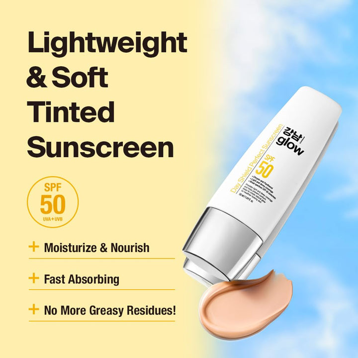 GANGNAM GLOW Day Shield Perfect Sunscreen SPF 50 - Effortless Tinted Sunscreen with Zinc Oxide, Sheer Moisturizer for face, Quick Absorption, Broad Spectrum, All Skin Types, Korean Skincare, 1.7floz