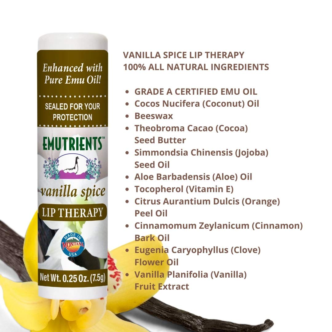 Montana Emu Ranch - Lip Therapy Lip Balm - 0.25 Ounce - Vanilla Spice Flavor - 3 Pack - Made with Pure Emu Oil