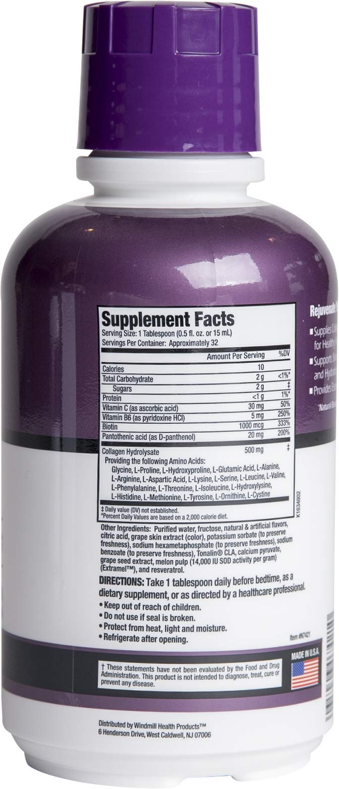Rejuvicare Liquid Collagen Beauty Formula with Amino Acids, Protein and Biotin, Delicious Grape Flavor, Purple 16 oz ,32 servings
