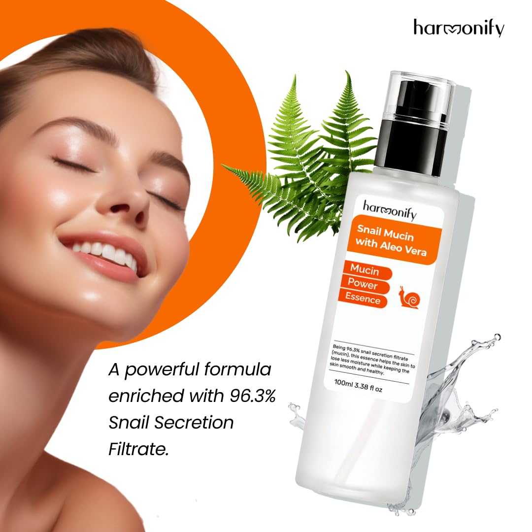 HARMONIFY Snail Mucin Serum for Face with Aloe Vera, 96,3% Snail Secretion Filtrate Repairing Essence, Korean Skin Care Hydrating Facial Serum, Personal & Skin Care, 3.38 fl.oz