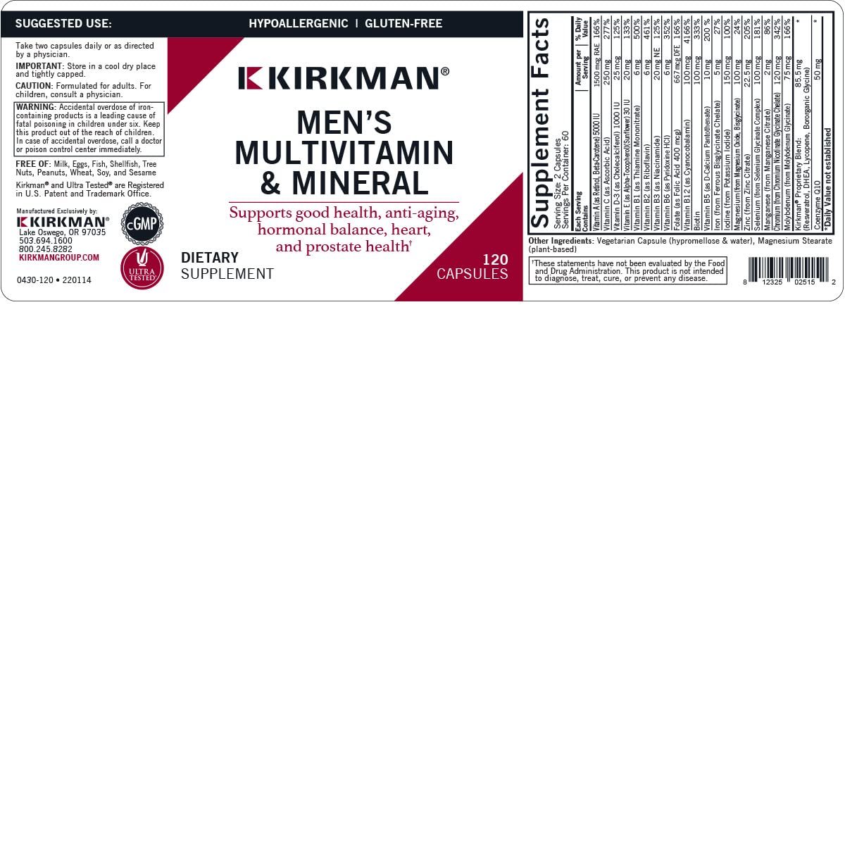 Kirkman 60 to 90 Men’s Multi-Vitamin and Mineral Boost || 120 Vegetarian Capsules || Provides Comprehensive Vitamin and Mineral Support for Senior Men || Gluten and Casein Free