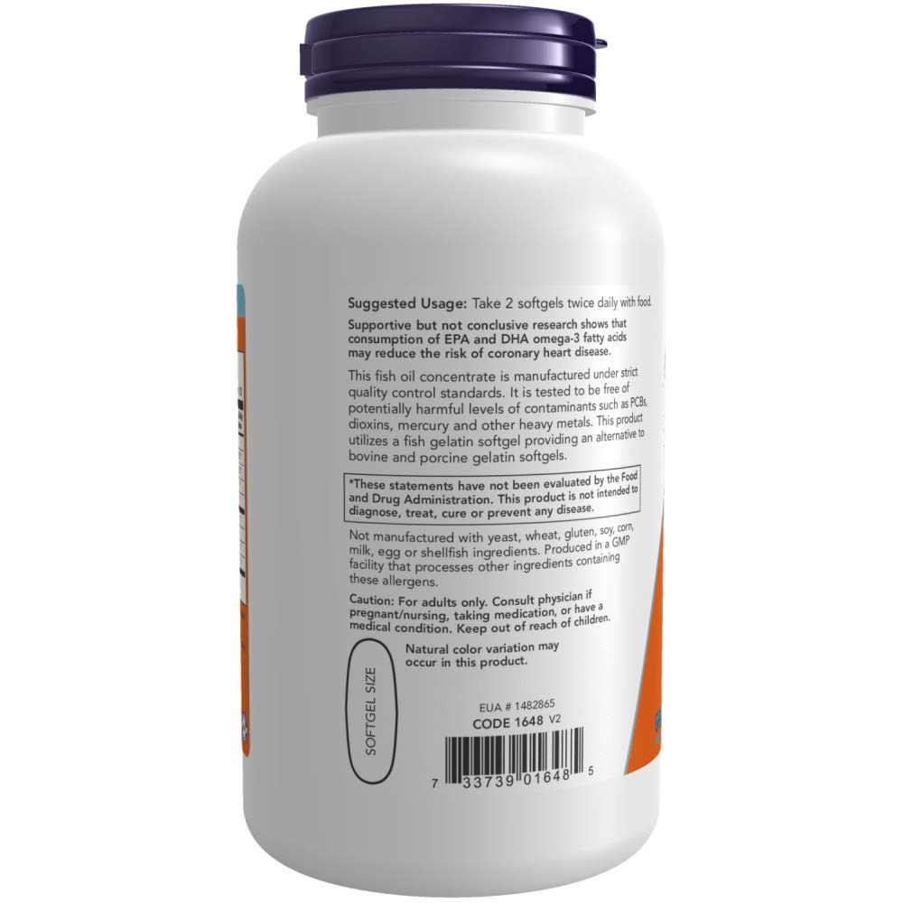 NOW Foods Supplements, Omega-3 180 EPA / 120 DHA, Molecularly Distilled, Cardiovascular Support*, 200-Fish Gelatin Softgels,Packaging may vary