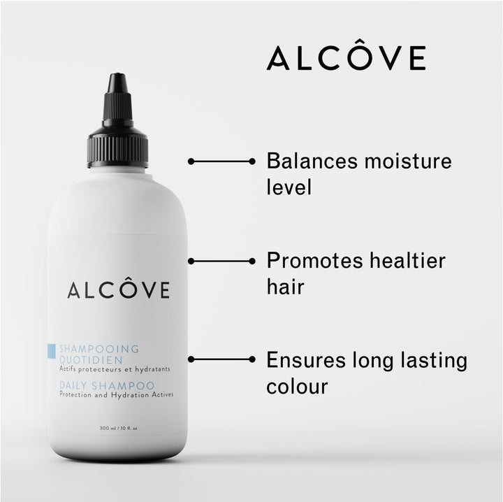 Alcôve - Daily Shampoo - Evening Primrose Oil, Mango Extract, and Argan Oil - Sulfate-Free - All Hair Types - Everyday use - Anti-static - Color-Safe -10oz