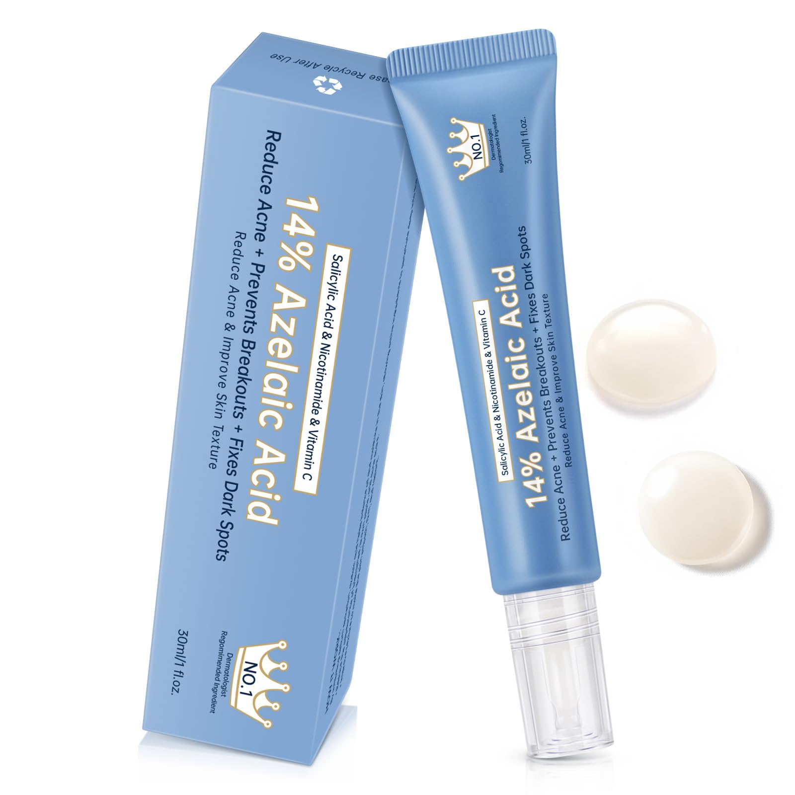 Azelaic Acid 14 Percent Cream For Face, Azelaic Acid Gel For Dark Spot, 30ML Azelaic Acid Acne Cream With Salicylic Acid, Niacinamide & Vitamin C, Relieve Irritation.