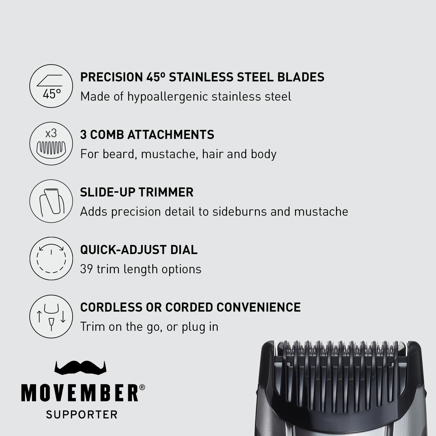 Panasonic ER-GB80-S Body and Beard Trimmer, Hair Clipper, Men's, Cordless/Corded Operation with 3 Comb Attachments and and 39 Adjustable Trim Settings, Washable