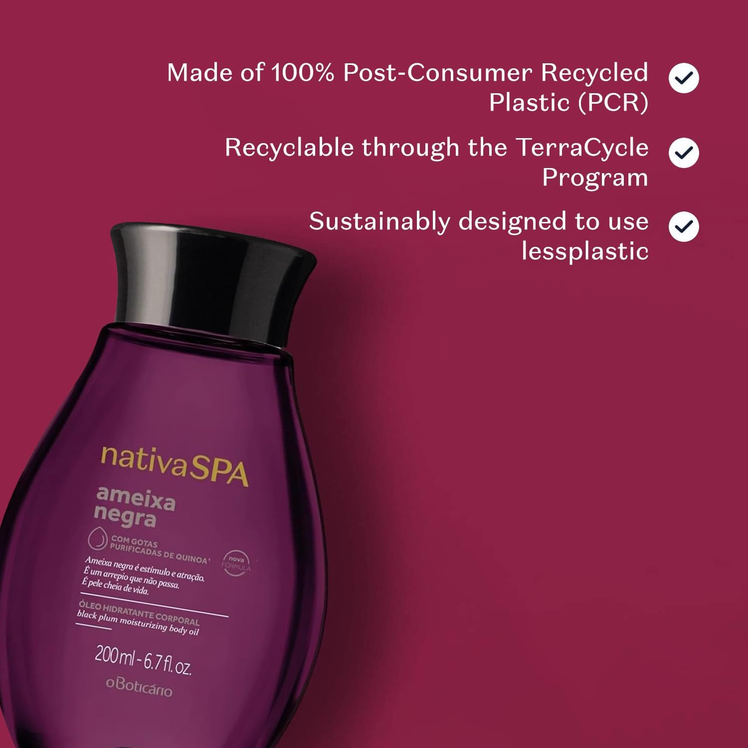 Nativa Spa Body Oil Black Plum by O Boticario | Ameixa Negra Ãƒâ€œleo Hidratante Corporal | Fragranced Moisturizing Oil with Purified Quinoa Drops (8.45 fl oz)