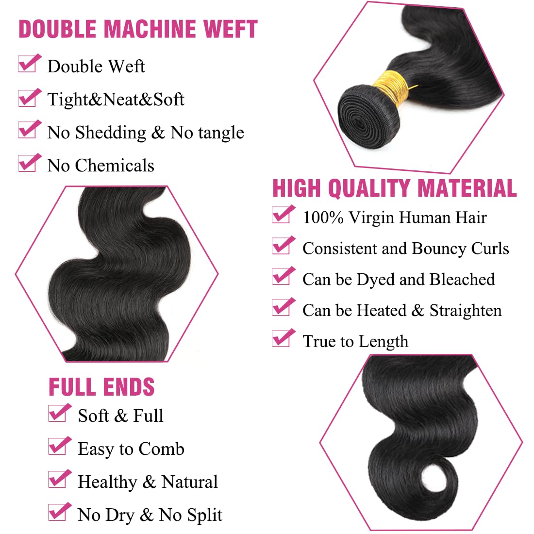 AUTTO Hair Unprocessed Brazilian Virgin Hair Body Wave Hair One Bundle 22inch Virgin Human Hair Weave Weft Extension Natural Black Color (100+/-5g)/pc Can be Dyed and Bleached