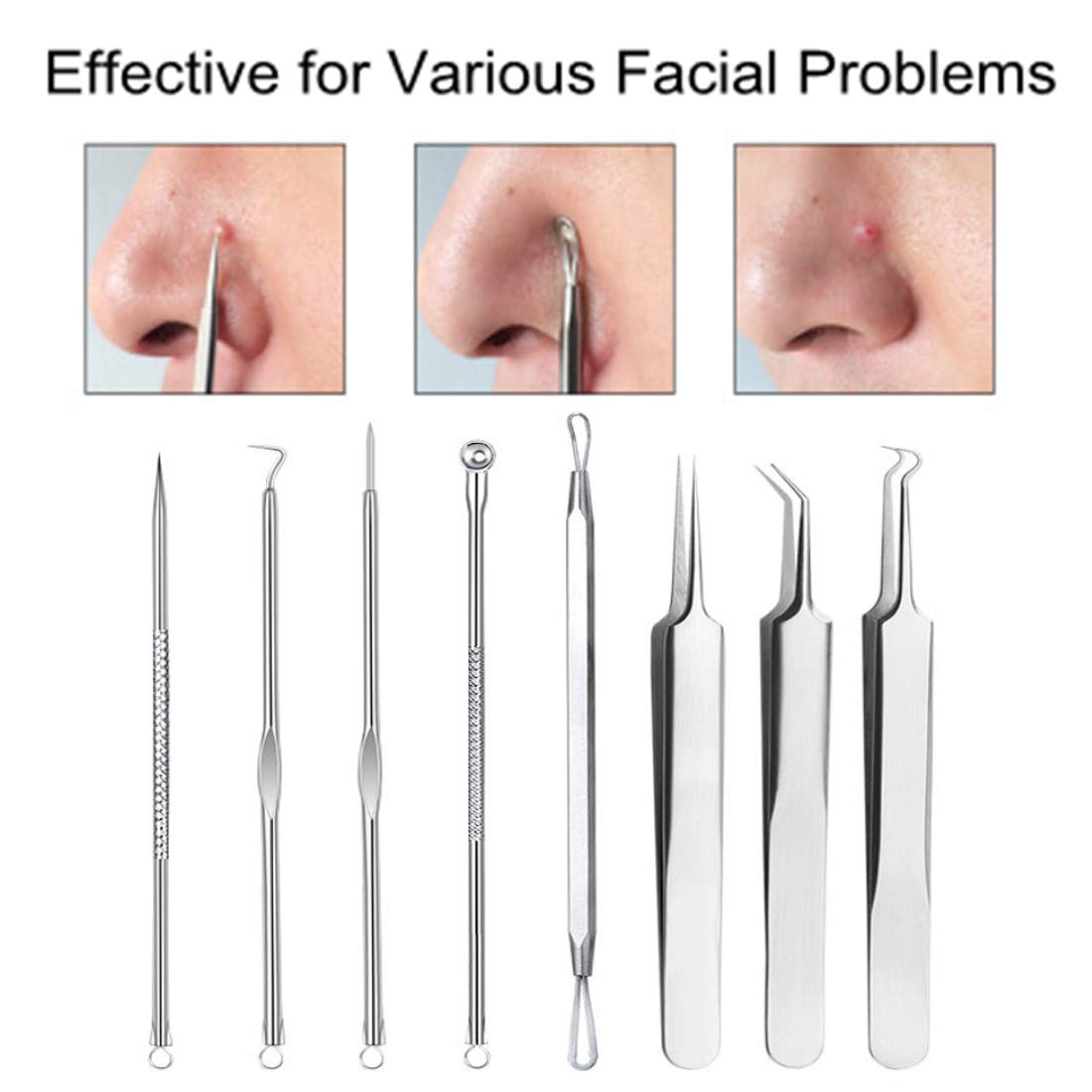 Pinkiou Acne Needle Kit Curved Blackhead Remover Tweezers for Blemish Dermatologist Grade Nose Pimple Comedone Extractor Tool Set with Silver Metal Case (5pcs a pack)