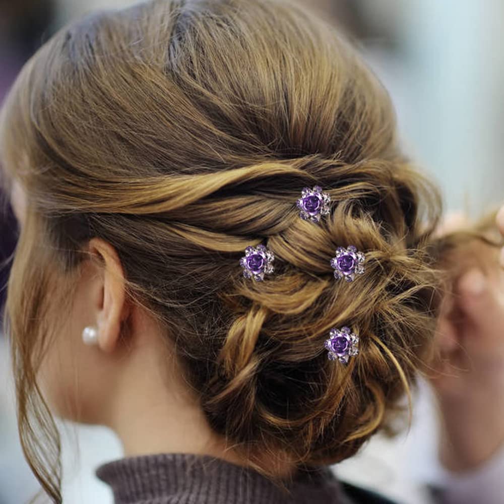 Purple Set: Insowni 40Pcs Bridal Wedding Rhinestone Rose Flower U-Shaped Hair Pins & 6Pcs Twist Pearl Hairpins Headpiece Set In Gift Box For Women Girls Bridesmaid (Purple Set)