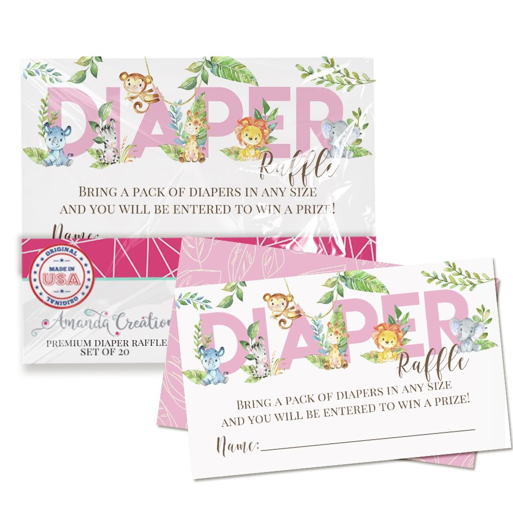Watercolor Jungle Animals Diaper Raffle Tickets for Girl Baby Showers, 20 2 X 3” Double Sided Insert Cards for Games by AmandaCreation, Bring a Pack of Diapers to Win Favors & Prizes!