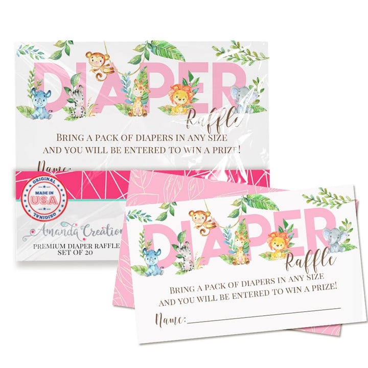 Watercolor Jungle Animals Diaper Raffle Tickets for Girl Baby Showers, 20 2 X 3” Double Sided Insert Cards for Games by AmandaCreation, Bring a Pack of Diapers to Win Favors & Prizes!