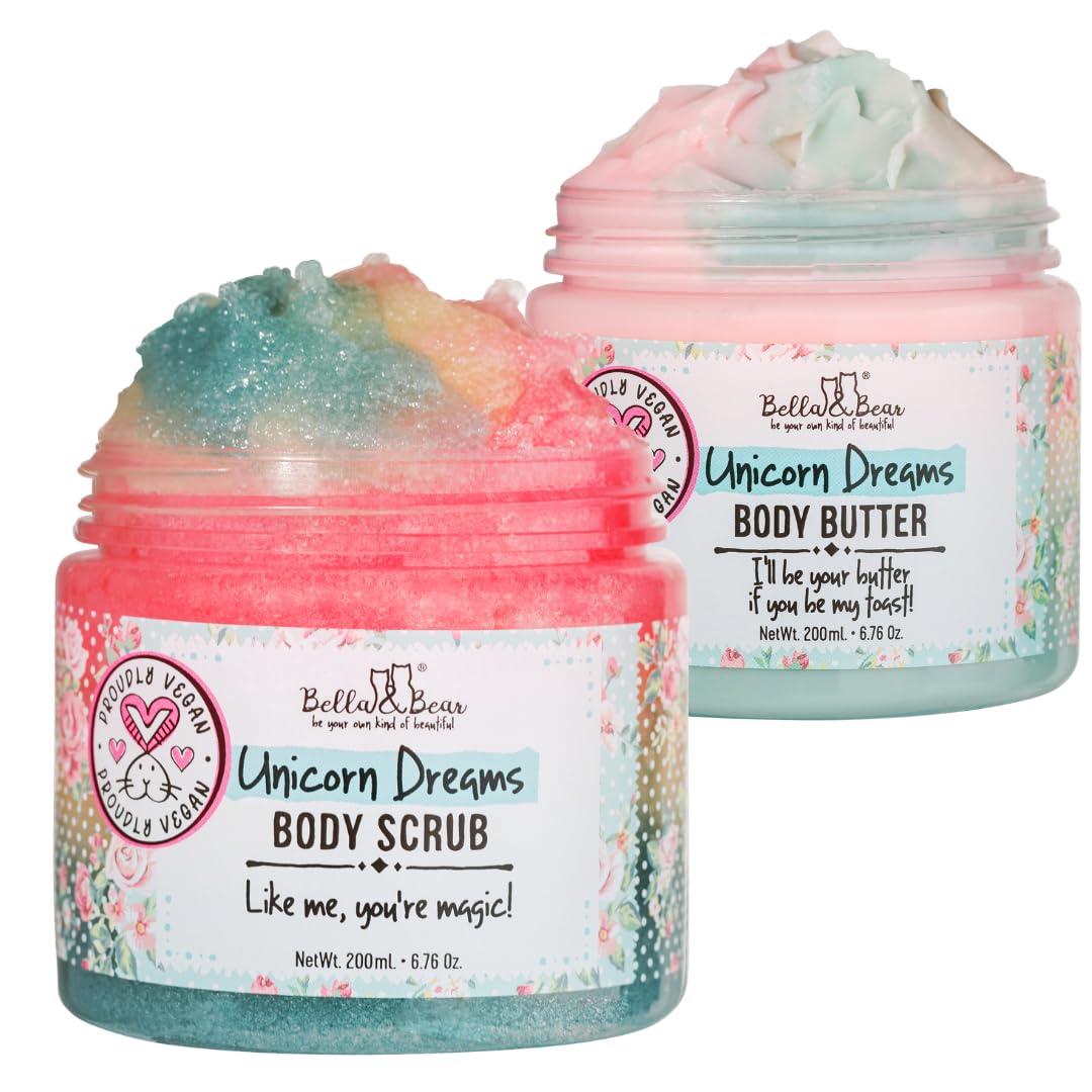 Bella & Bear Unicorn Dreams Gift Set - 3-in-1 Body Scrub & Goddess Body Butter in Glossy Pink Box - Vegan, Cruelty-Free, Mango-Pineapple-Vanilla Scent