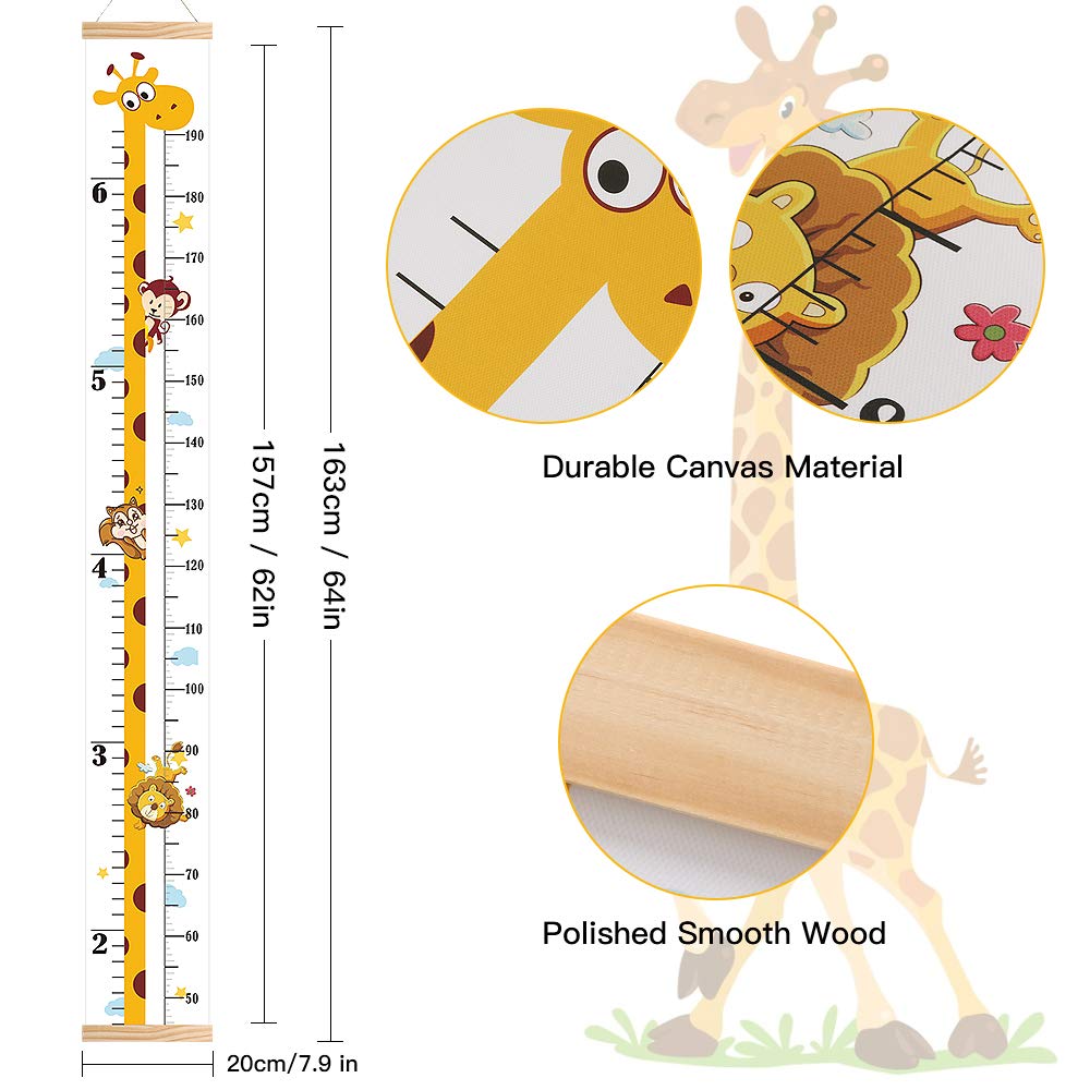 Baby Height Growth Chart, Canvas Height Chart for Kids Baby Child Toddler Boys Girls, Wood Growth Chart for Wall Room Nursery Decor, Hangable and Removable Waterproof Measuring Wall Ruler for Bathroom