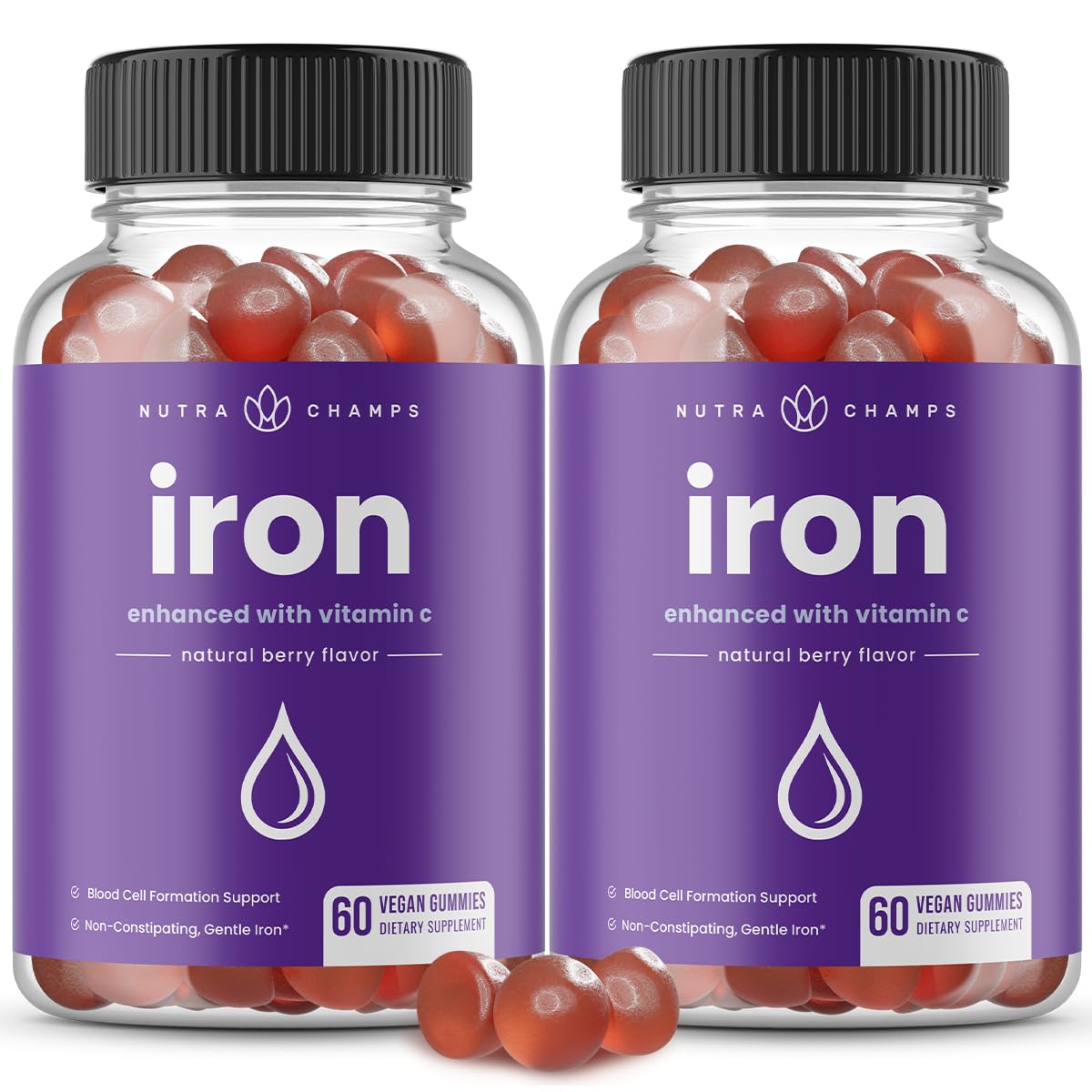 NutraChamps Iron Gummies with Vitamin C, 20mg Iron Gummies for All, Blood Cell Formation Support, 120 Gummies, Iron Gummy for Iron Deficiency & Anemia, Energy, Focus, Immune Boost Pack of 2