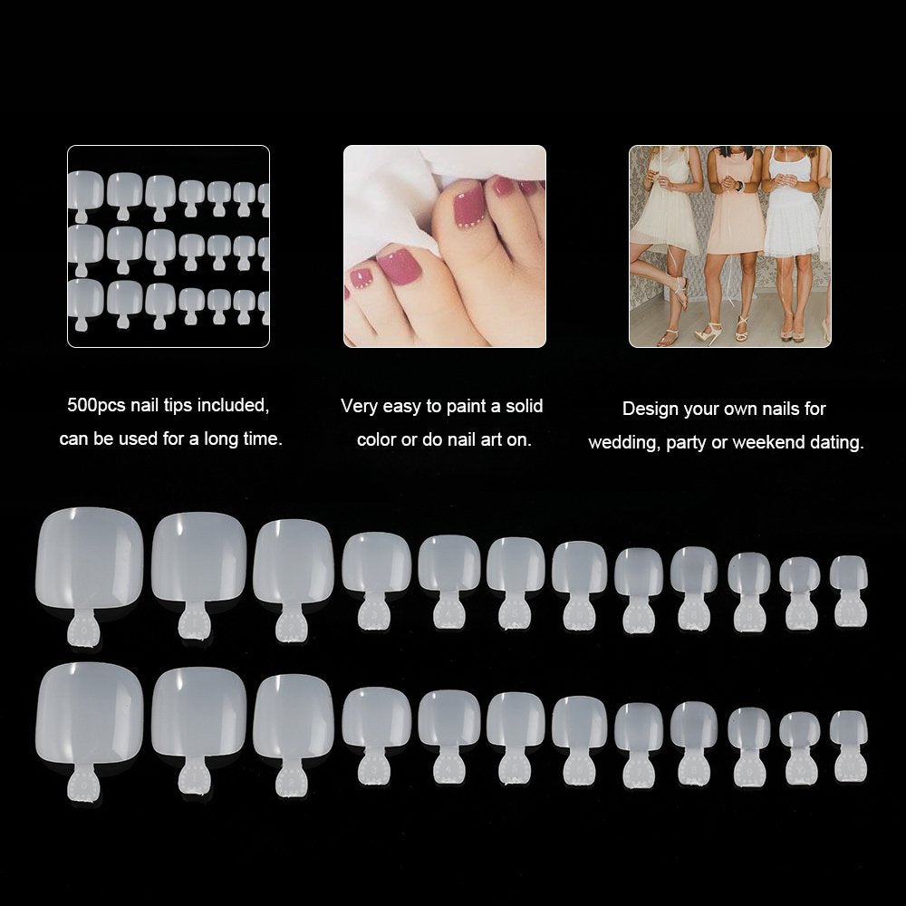 YIMART 500Pcs Fake Toenail Tips Set Nail Art Toe Decoration Full Cover False Toe Nail Tips for DIY Salon Foot Manicure Sticker Tools (Natural)
