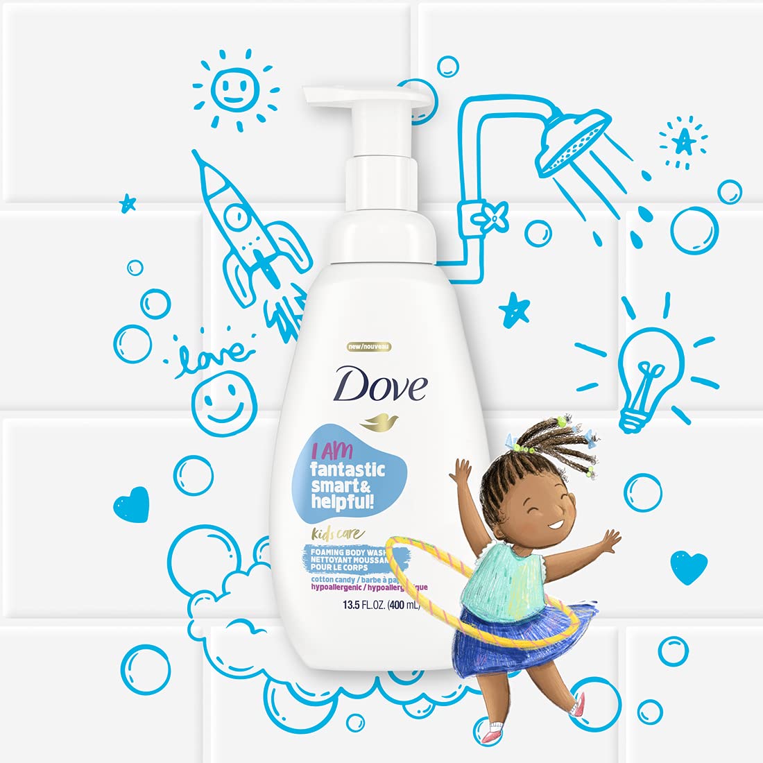 Dove Foaming Body Wash for Soft, Smooth Skin Deep Moisture and Kid's Cotton Candy 2 Skin Care Products for the Family In One Bundle (Pack of 4)