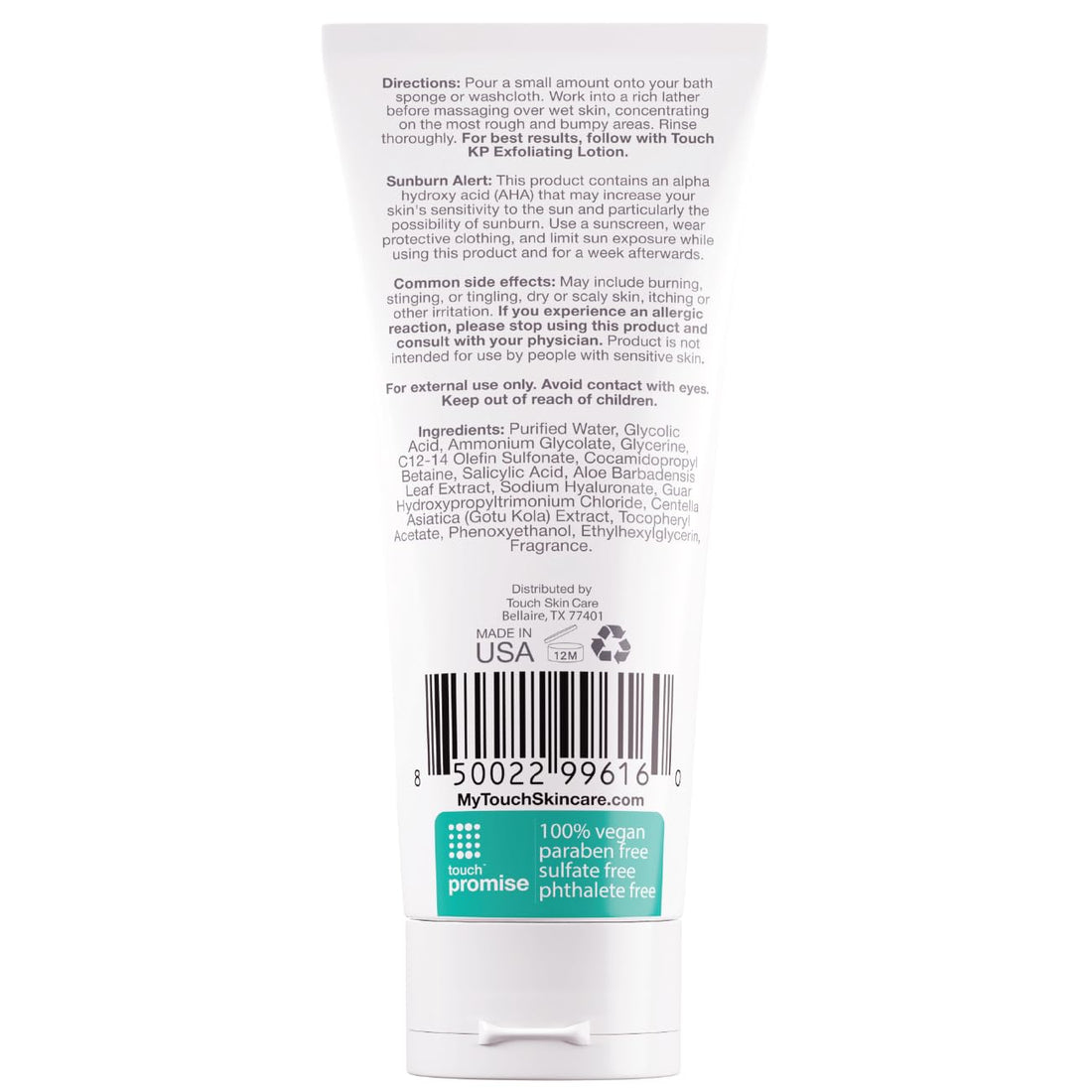 TOUCH Keratosis Pilaris Exfoliating Body Wash Cleanser - KP Body Wash with 15% Glycolic Acid, Aloe Vera, & Hyaluronic Acid - 4 Ounce