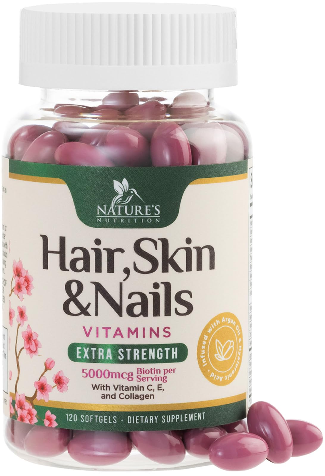 Hair Vitamins Women, Ultra Strength 5000mcg Biotin, Collagen, PABA & More - Womens Hair Growth, Skin, Nails & Keratin Support Supplement, Infused w/ Argan Oil & Hyaluronic Acid, Non-GMO - 120 Softgels