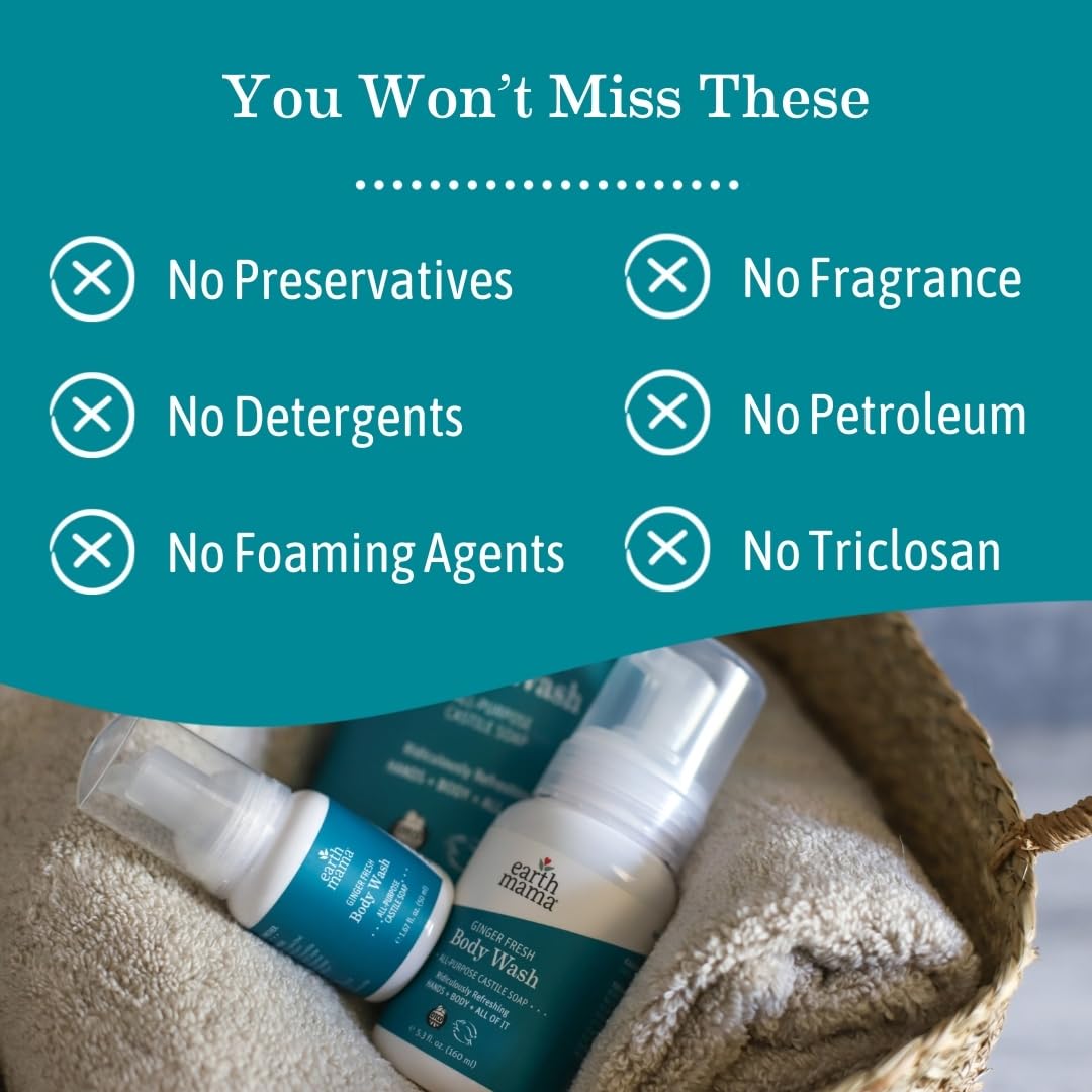 Earth Mama Ginger Fresh Foaming Hand Soap and All Purpose Body Wash for Sensitive Skin, Liquid Castile Soap with Organic Coconut Oil, Shea Butter, Calendula, & Aloe, 5.3 fl oz