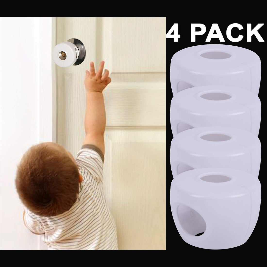 Door Knob Child Proof Covers - Baby Doors Lock - Knobs Safety for Kids, Toddler - Childproof Doorknob Cover Locks Handle and Protects Kid - Smart Babyproof Design - Easy Adult Use - Pack of 4