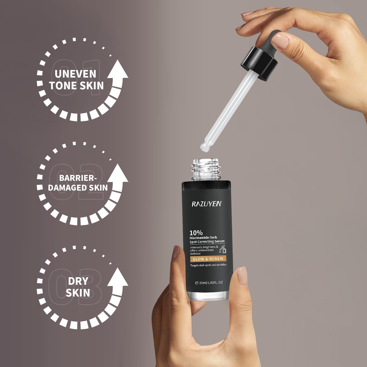 RAZUYEN 10% Niacinamide Serum, Panthenol, Arbutin Face Serum to Help Improve Uneven Skin Tone and Soothing Skin, Hydrating Serum for Radiant Skin, 30 ml