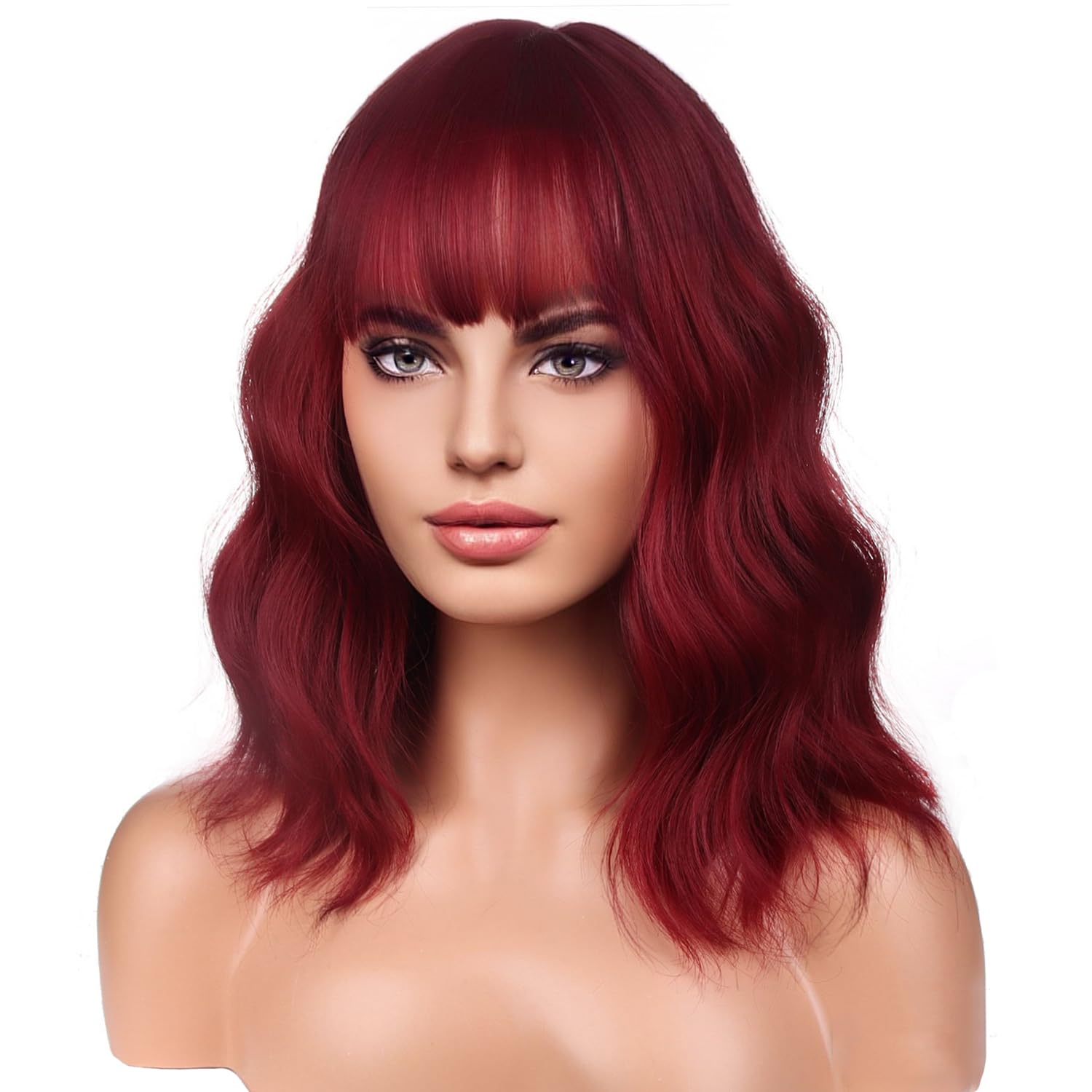 RightOn 14'' Short Curly Women Girl's Charming Synthetic Wig with Air Bangs + Free Wig Cap (Wine Red)