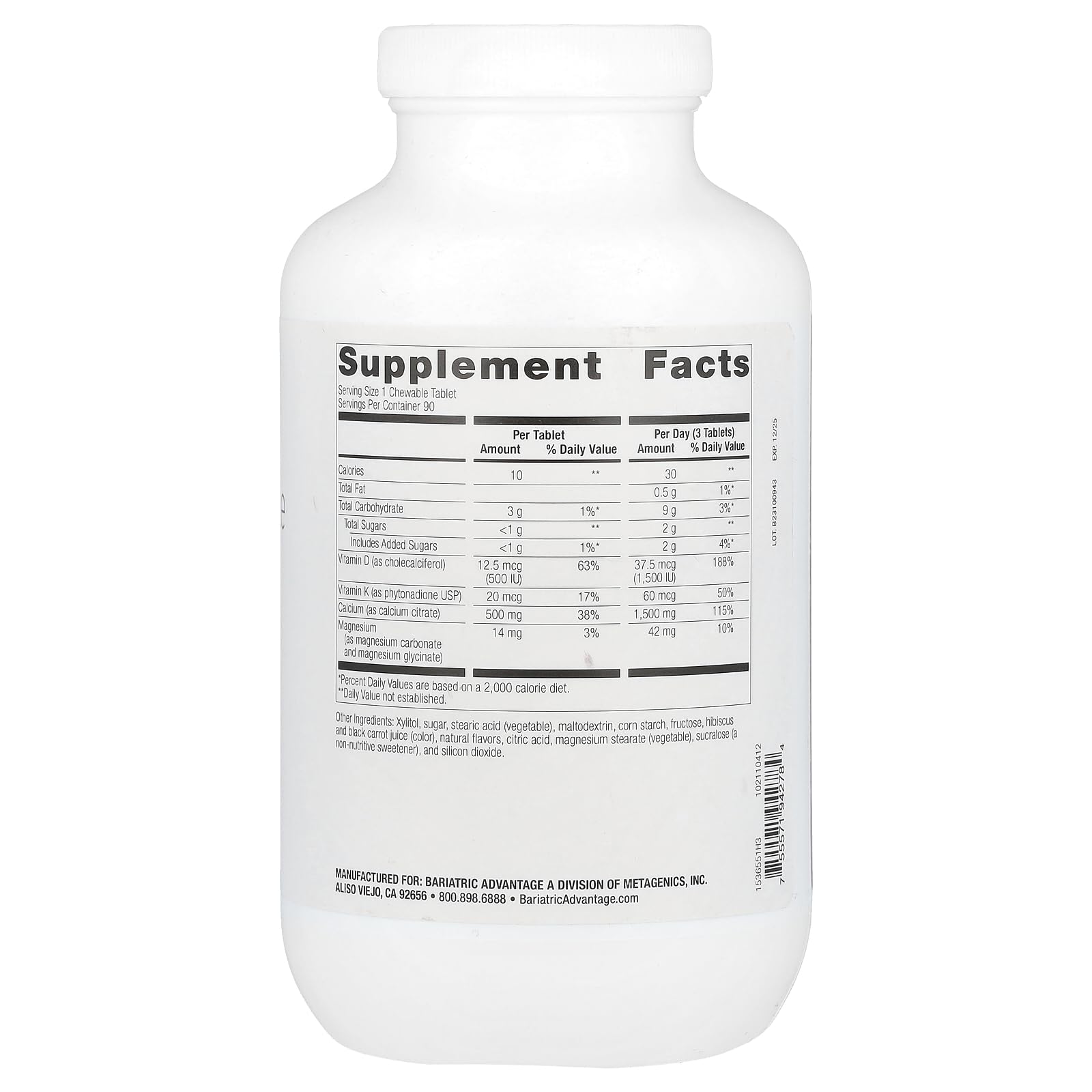 Bariatric Advantage Calcium Citrate Chewable 500mg with Vitamin D3 for Bariatric Surgery Patients Including Gastric Bypass and Sleeve Gastrectomy, Low Sugar - Wild Cherry Flavor, 90 Count