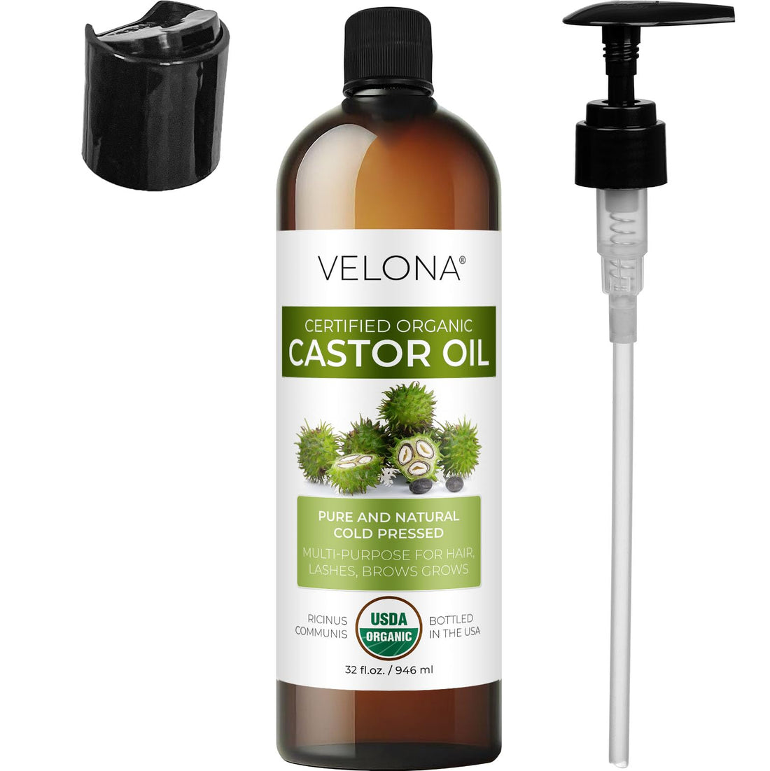 velona USDA Certified Organic Castor Oil - 32 fl oz | For Hair Growth, Boost Eyelashes, Eyebrows | Cold pressed, Natural Oil, USP Grade | Hexane Free, Lash Serum, Caster