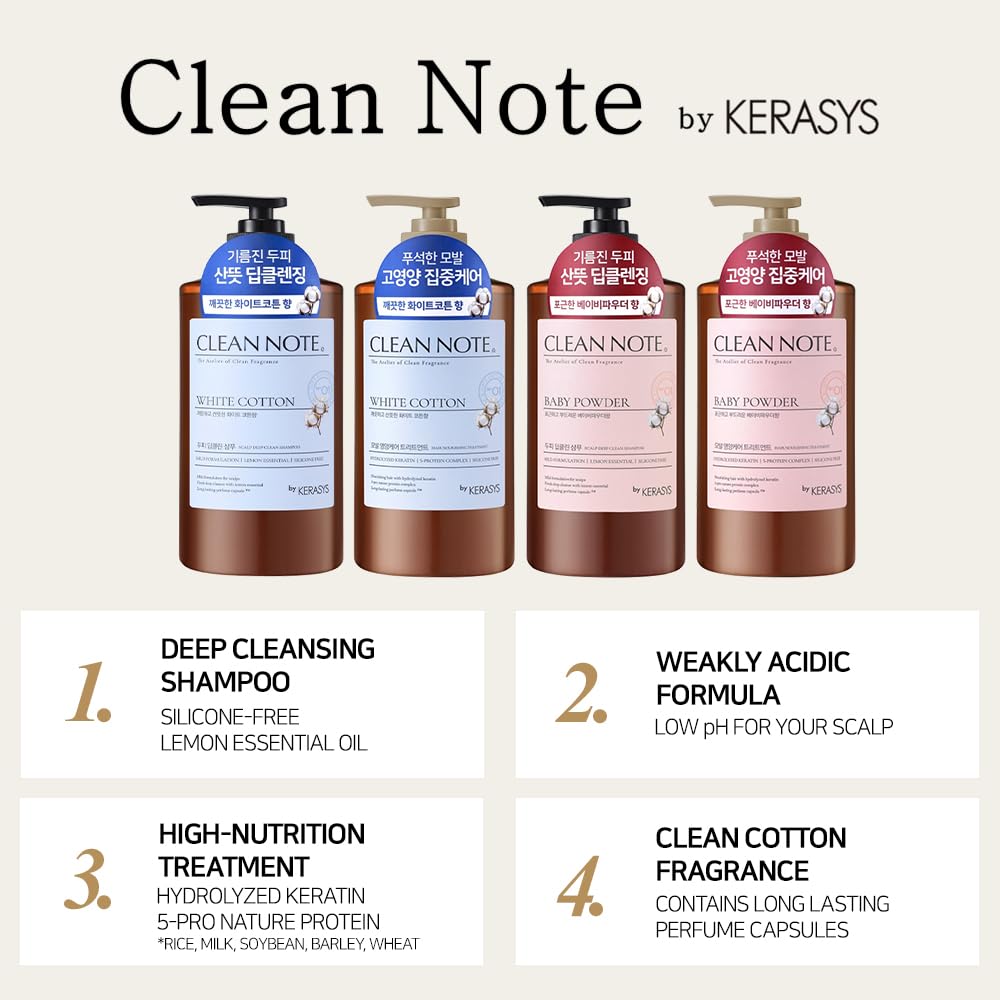 Kerasys Clean Note the Atelier of Clean Fragrance White Cotton 27.1 fl oz / 800 ml (Shampoo + Treatment Set)