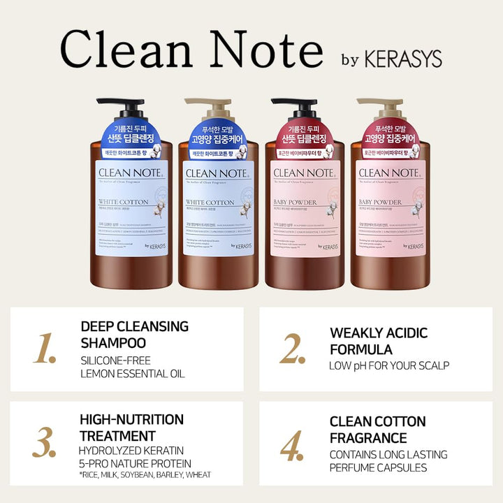 Kerasys Clean Note the Atelier of Clean Fragrance White Cotton 27.1 fl oz / 800 ml (Shampoo + Treatment Set)