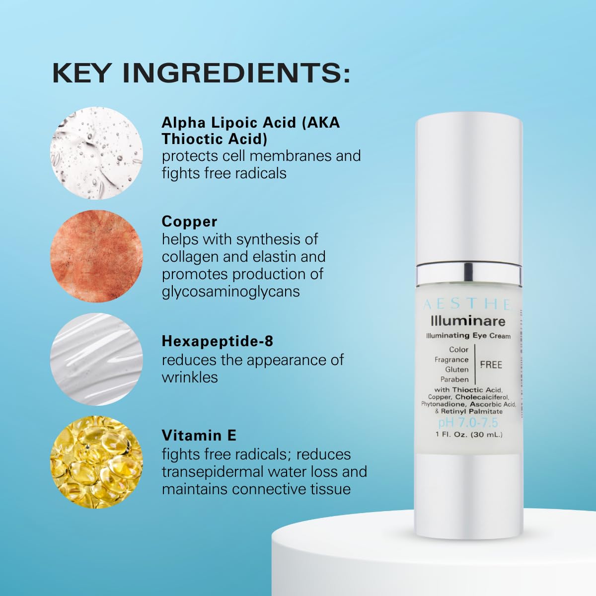 Aesthe Illuminare Illuminating Eye Cream - Color-Free, Fragrance-Free, Gluten-Free Skincare for Eyes with Thioctic Acid, Copper & More - For Puffiness & Dark Circles - Tighten & Smooth - 1 fl oz