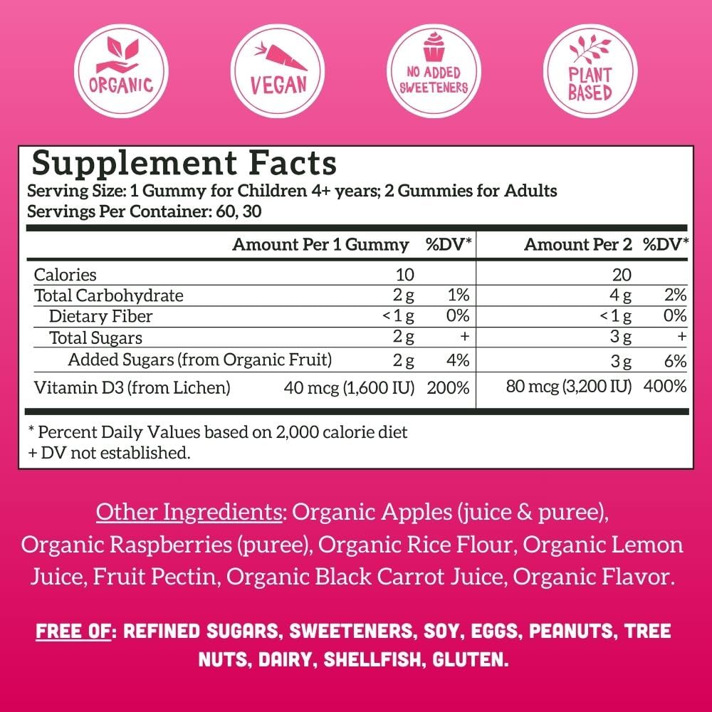 Llama Naturals Vitamin D3 Gummies for Kids & Adults, Real Fruit Gummy Vitamins for Immune Support, Healthy Bones & Overall Health, Organic, Vegan, No Sugar Added, Raspberry, 60 Ct (30-60 Day Supply)