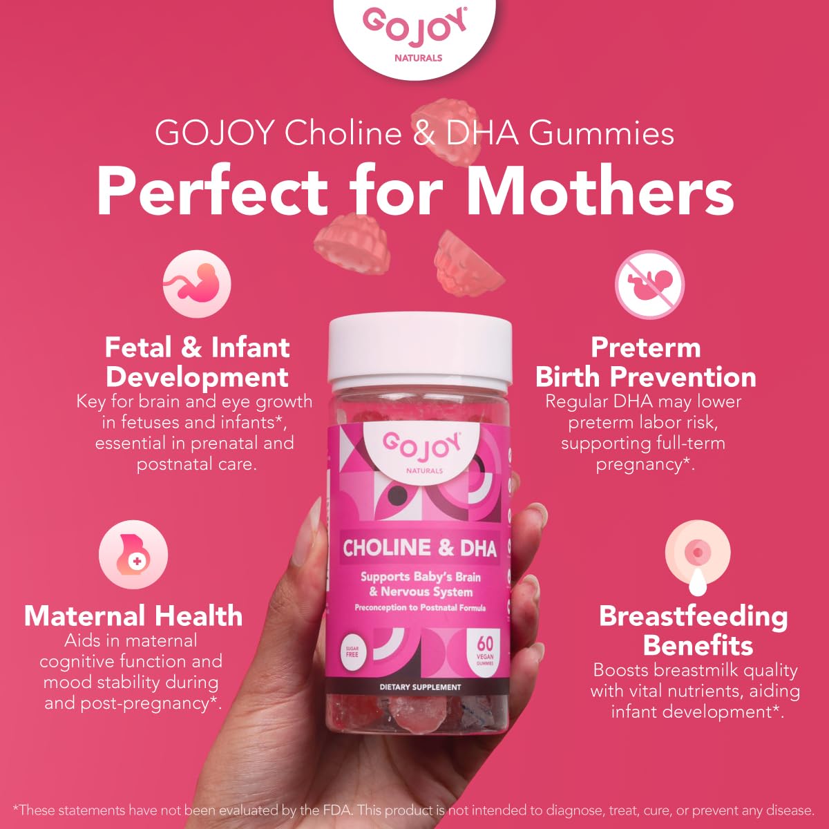 GOJOY NATURALS Prenatal Choline & DHA Gummies - Preconception to Postnatal Gummy Vitamin Supplement for Pregnant Women - Sweetened with Monk Fruit - 3rd Party Tested - Non GMO, Gluten Free, Vegan