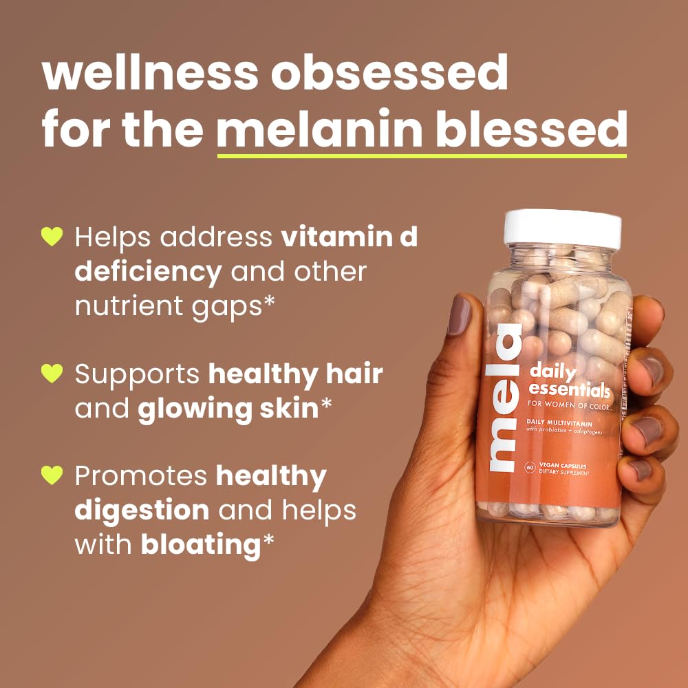 Mela Daily Essentials Multivitamin for Melanated Women - High-Dose Vitamin D3 and B12, Probiotics, Lion's Mane, Ceylon Cinnamon - Vegan, Gluten Free, Non-GMO, 30 Day Supply (60 Capsules)
