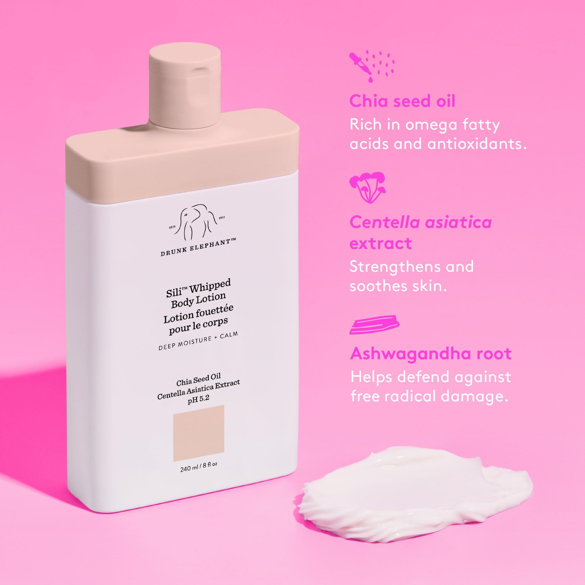 Drunk Elephant Sili Whipped Body Lotion - 240 ml/8 fl oz - Rich Daily Moisturizing Lotion - Clean Clinical Skincare - Cruelty-Free - Free of Essential Oils, Silicones, and Fragrance