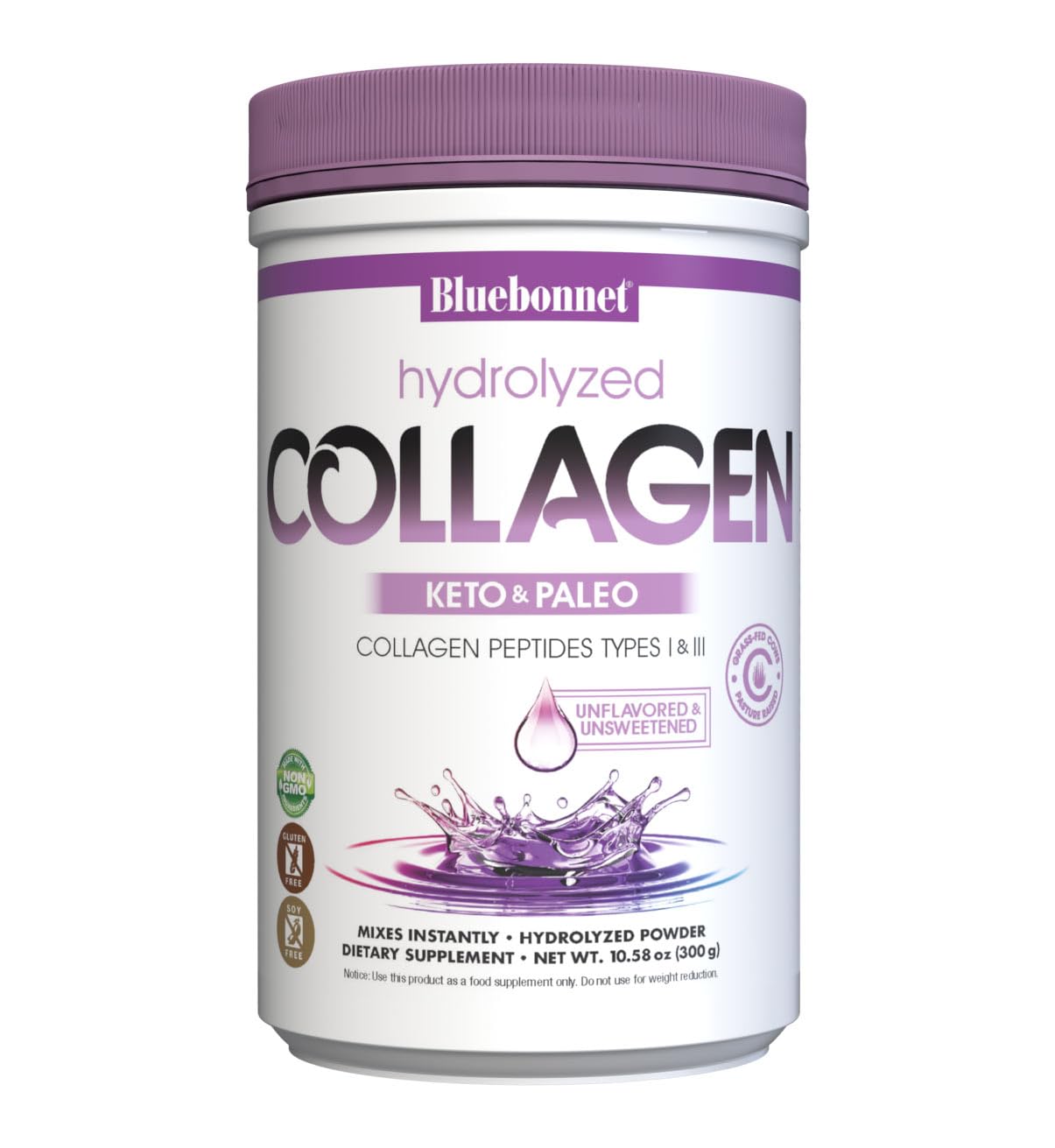 BlueBonnet Nutrition Hydrolyzed Collagen Powder, Supports Hair, Skin, and Nails*, Soy-Free, Gluten-Free, Non-GMO, Grass-fed Cows, Pasture Raised, 10.58 oz, 25 Servings, Unflavored, Unsweetened