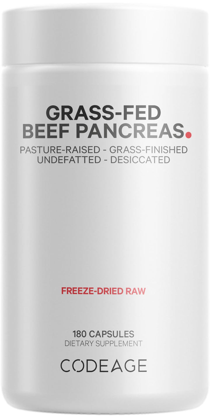Codeage Grass Fed Beef Pancreas Supplement Glandulars - Freeze Dried, Non-Defatted Desiccated Beef Pancreas Pills – Pancreatic Enzymes Diet Meat - Pasture Raised Bovine Vitamins - 180 Capsules