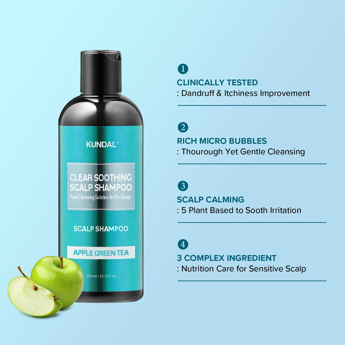 KUNDAL Clear Soothing Scalp Shampoo [Apple Green Tea] Shampoo - Korean Hair Care, Deep Cleansing, Sensitivity Care, For Dry Scalp 10.14fl oz (Pack of 1)