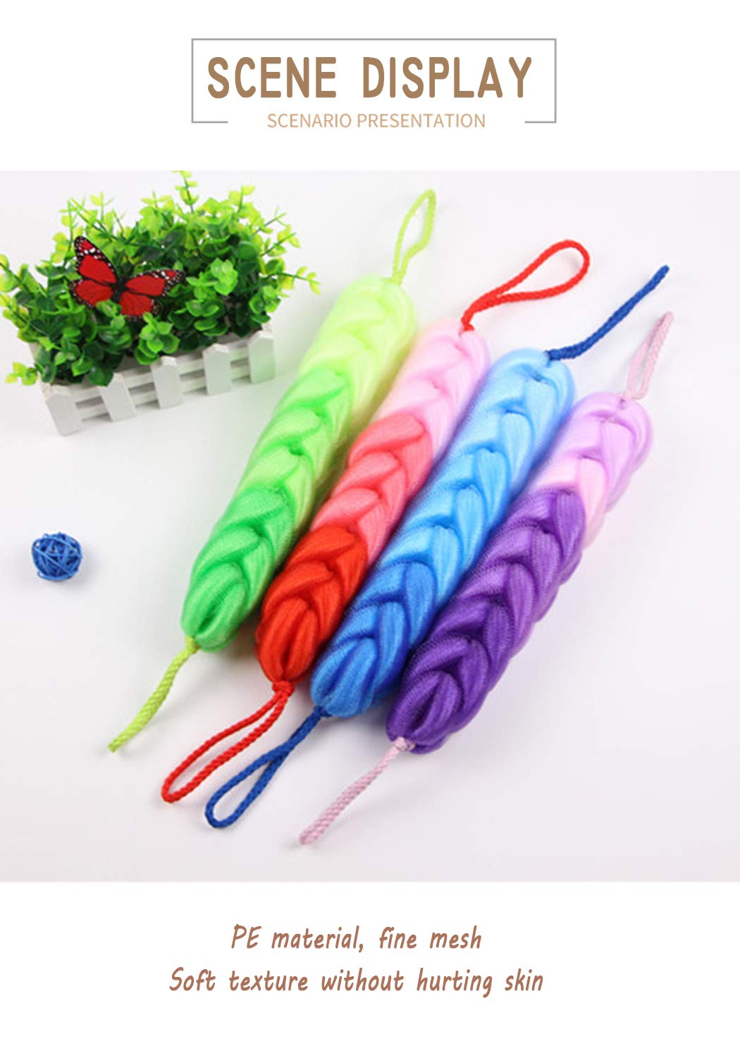 AARainbow 4 Packs Long Stretch Back Sponge with Rope Handles Back Scrubber Body Sponges for Bathing, Bath Shower Mesh Sponge Body Deep Cleaning for Men & Women (H-Gradient Color)