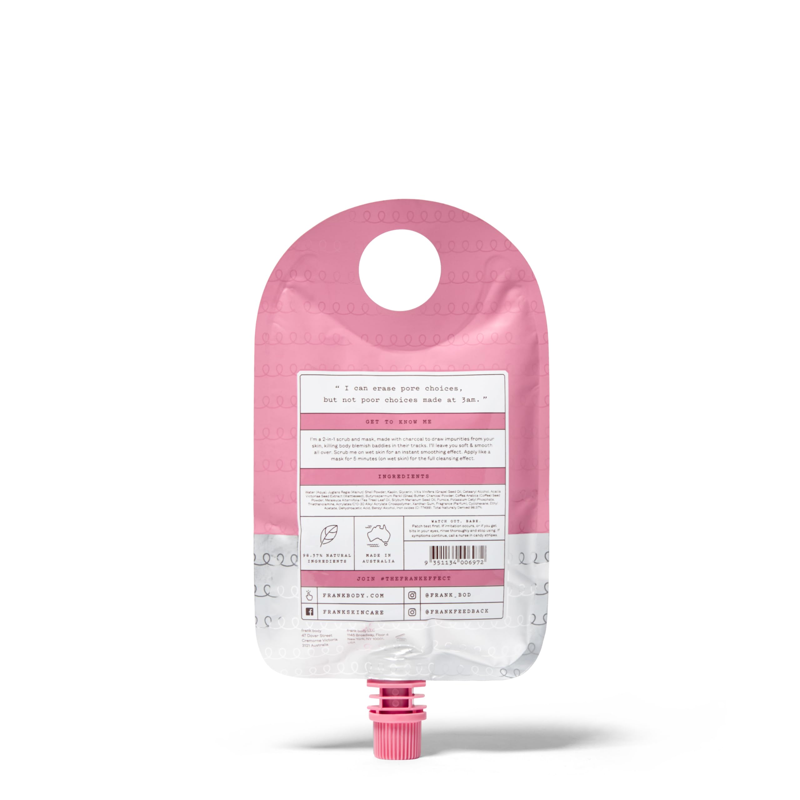 Frank Body Charcoal Scrub & Mask | Natural, Vegan, Cruelty Free Face & Body Treatment Detoxifies, Exfoliates, and Brightens with Charcoal, Tea Tree Oil, and Grapeseed Oil | 4.94 oz / 140 g