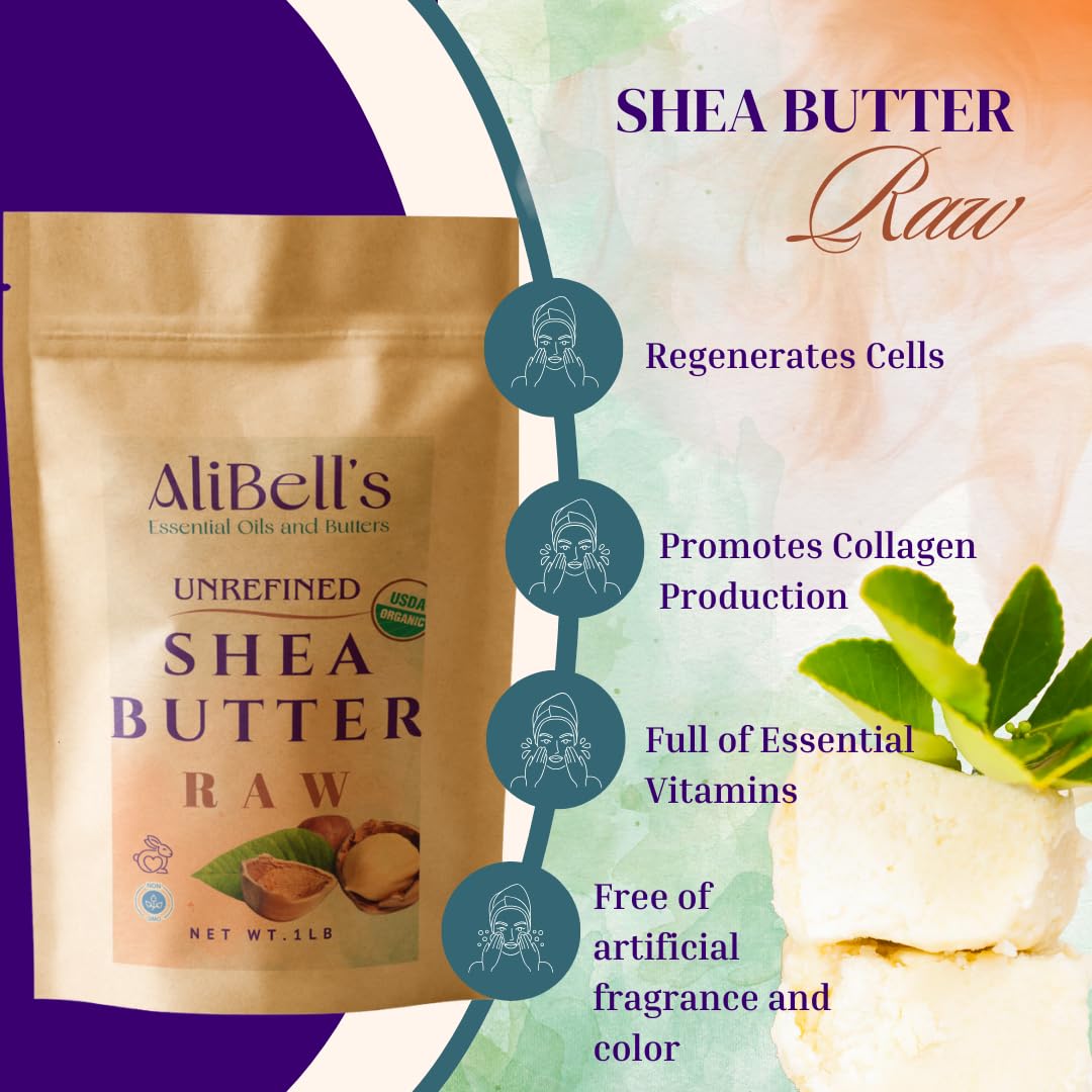 AliBell's- Unrefined Shea Butter - Shea Butter Raw Organic -1 Lb Non-Deodorized, Vitamin-Rich, All Natural Deep Moisturizing for Beautiful, Soft Skin and Hair