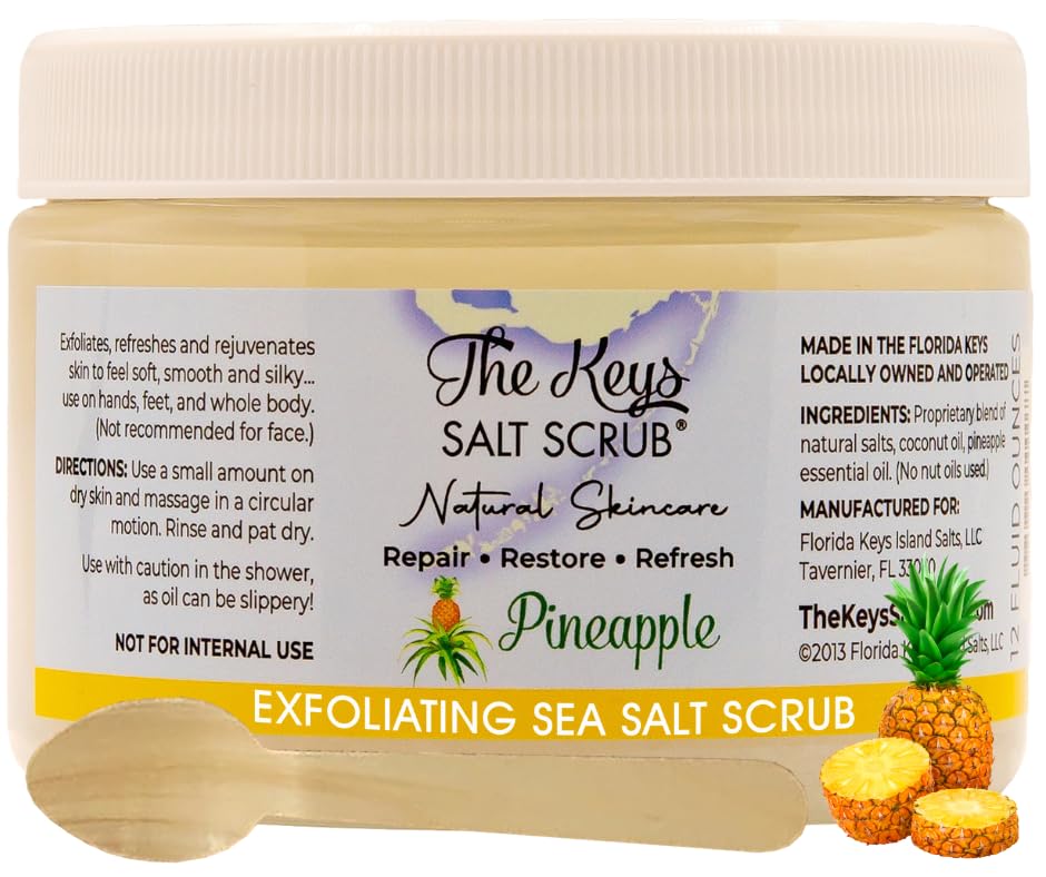 The Keys Exfoliating Sea Salt Body Scrub - Organic Body Scrub with Pure Florida Sea Salt, Ideal Salt Scrub for Hands, Feet, Bikini Area, and Travel Size Body Scrub for Men & Women, Pineapple, 12 oz.