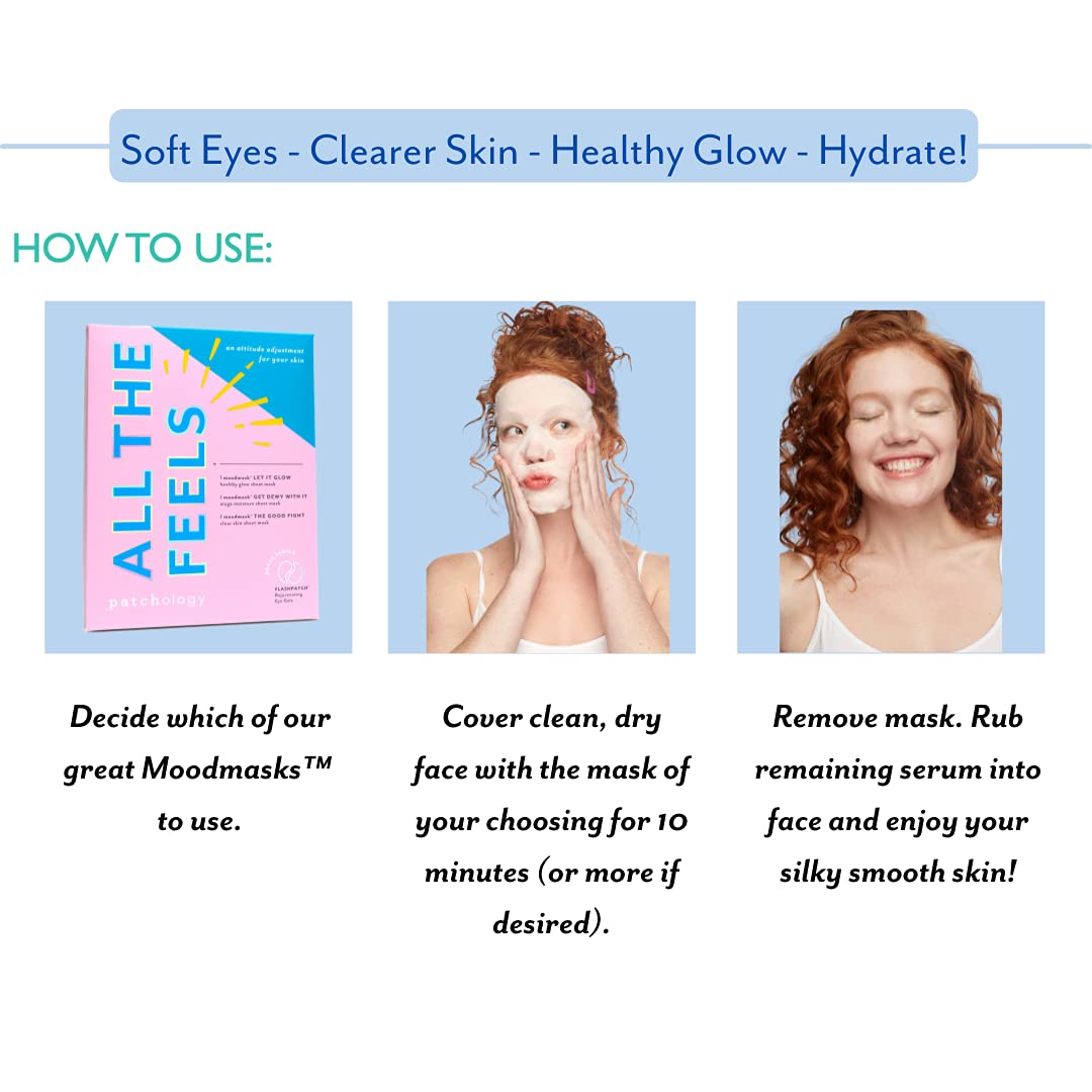 Patchology All the Feels Sheet Mask with Undereye Gel - Face Masks Skincare Sheet and Under Eye Patches For Dark Circles, Puffy Eyes Care & Treatment - Eye Bags, Puffiness & Wrinkles (4 Piece Kit)