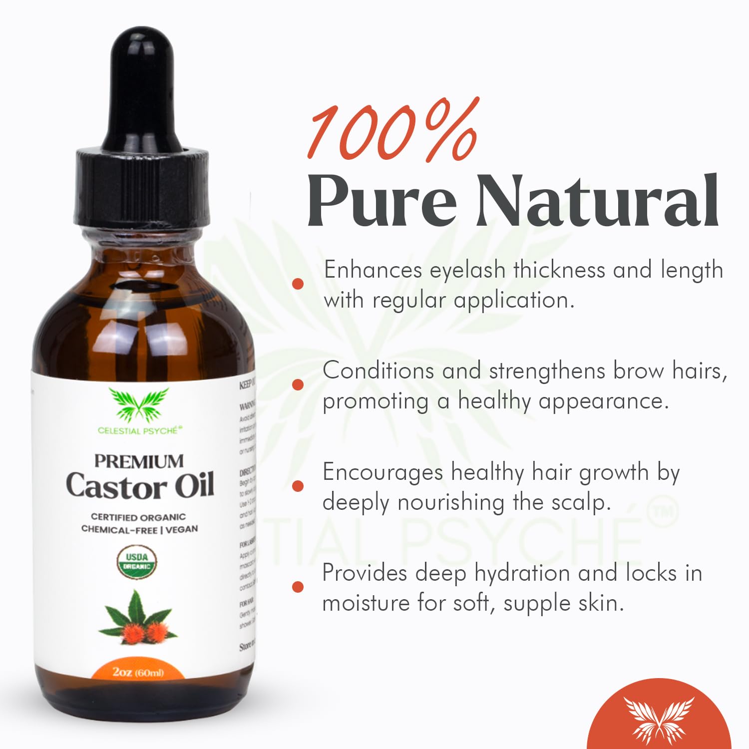 Celestial Psyché USDA Certified Organic Castor Oil (2 Oz with Essential Bundle - Eyebrow Kit) 100% Pure Natural, Chemical-Free, Hexane-Free, Promote Lash, Brow, and Hair Growth, Skin Hydration