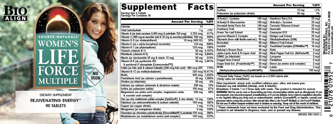 Source Naturals Women's Life Force Multiple Iron Free - Daily Complete Multivitamin 13 Essential Vitamins, Antioxidants, Herbs, Nutrients & Minerals - Enhanced Energy & Immune Boost - 90 Tablets
