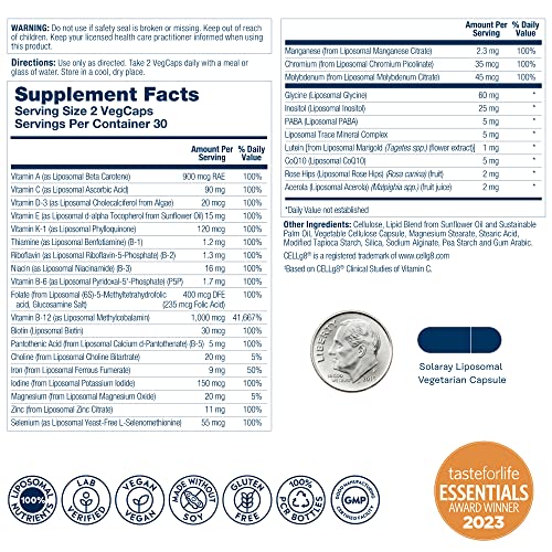 SOLARAY Liposomal Multivitamin for Men & Women, High Potency, Enhanced Absorption Vitamin C, Vitamin D, Biotin, Methyl B-12, Odor Neutral & Gentle Digestion, 30 Servings, 60 VegCaps