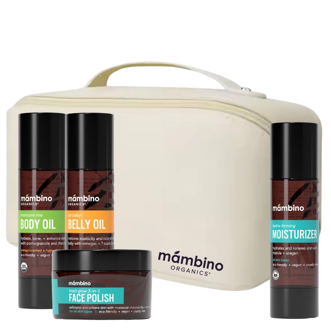 Second Trimester Set – All Natural Skincare Pregancy Gift Box – Anti-stretch mark Belly Oil, Moisturizing Body Oil, Face Polish, Face Moisturizer - Mambino Organics