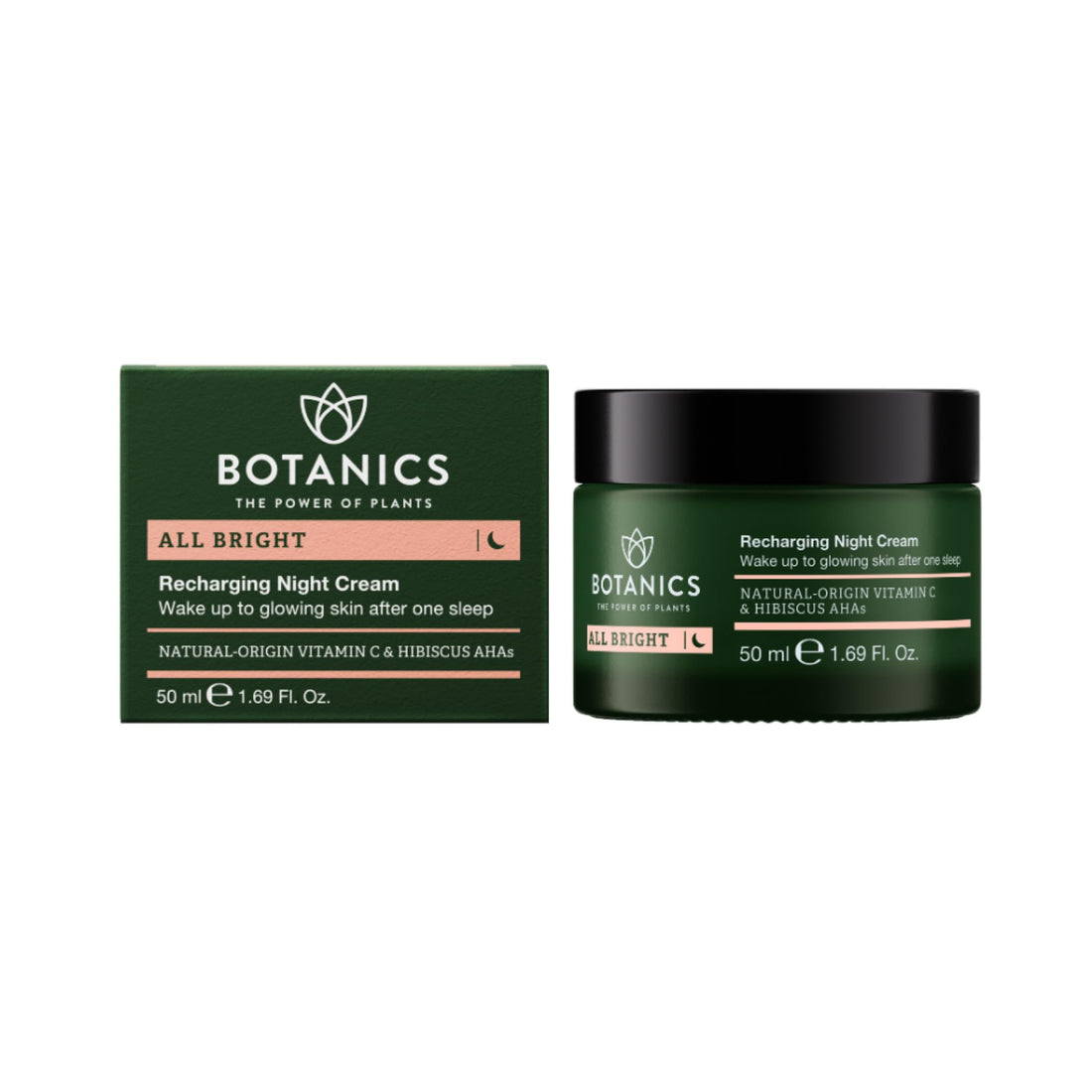 Botanics All Bright Recharging Night Cream - Vitamin C Face Moisturizer with Hibiscus AHA for Glowing Skin - Hydrating & Smoothing - Vegan & Cruelty-Free Face Cream for Women & Men (1.69 Fl Oz)