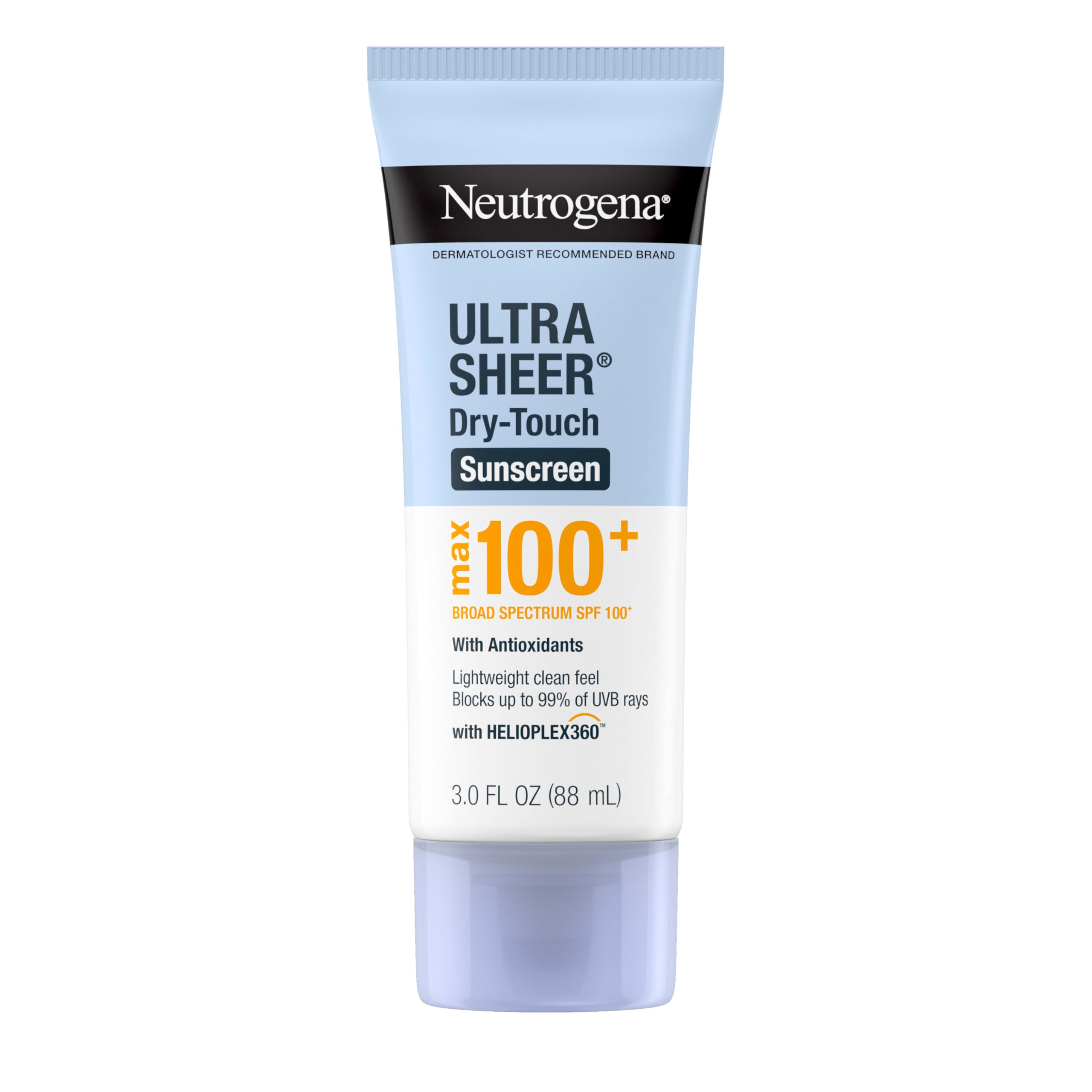 Neutrogena Ultra Sheer Dry-Touch Sunscreen Lotion, Max 100+ Broad Spectrum SPF 100 UVA/UVB Protection, Lightweight, Non-Greasy Sunscreen, Oxybenzone-Free, Antioxidant, Travel Size, 3 fl oz